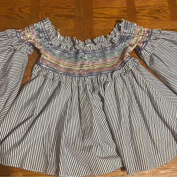 PETERSYN Davenport Smocked Off The Shoulder Striped Smocked Top M Bell Sleeves - Picture 6 of 16